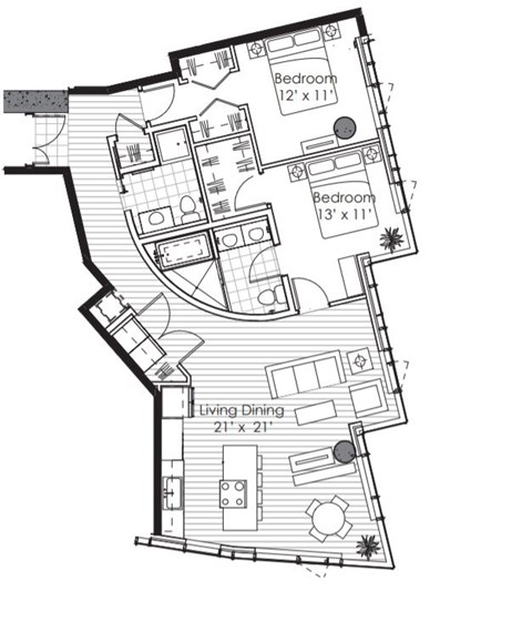 Floor plan for 2 beds, 2 baths, 1219 sqft
